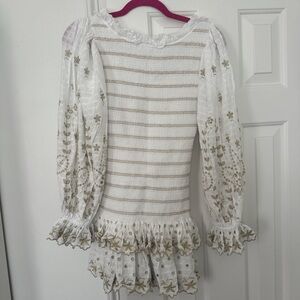 LoveShackFancy White and Gold Mini Dress
